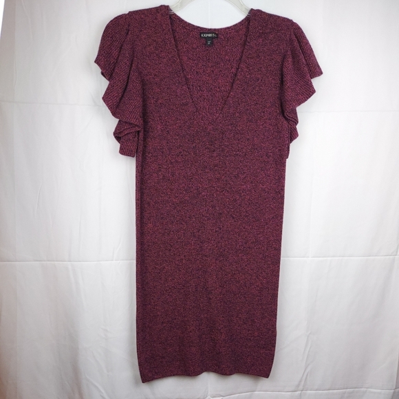 Express Dresses & Skirts - Express Berry Black Knit Deep V Neck Butterfly Sleeve Sweater Dress Size S